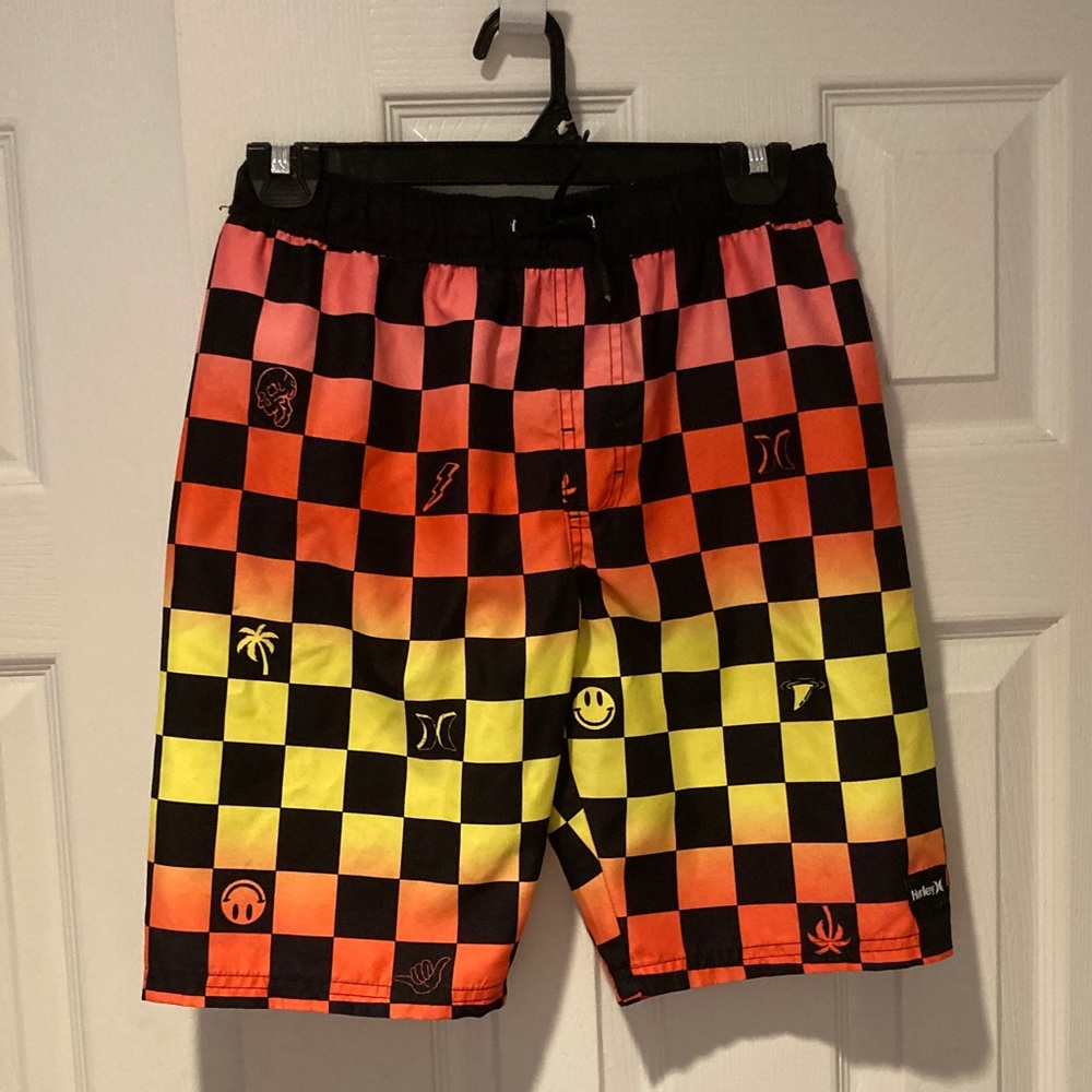 Hurley Boy’s Vibrant Checkered Athletic Swim Board Shorts - Black, Orange, Pink